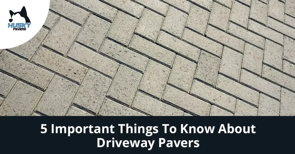 driveway pavers with a text overlay that reads "5 Important Things To Know About Driveway Pavers." The logo of "Husky Pavers" is also visible in the top left corner.